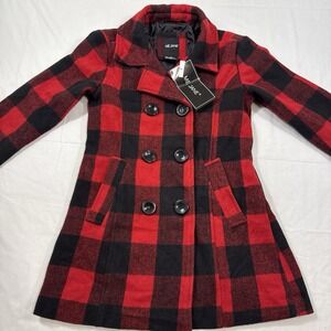 Flannel Double Breasted Pea Coat Womens Size 14 Red Black Buffalo Plaid Me Jane